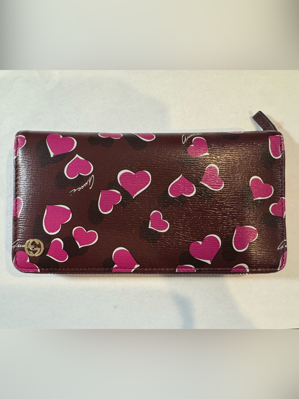 Gucci Maroon Wallet with Pink Heart Print